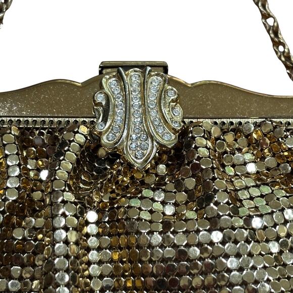 Vintage Whiting & Davis gold mesh evening bag top handle clutch rhinestone clasp - Picture 3 of 13